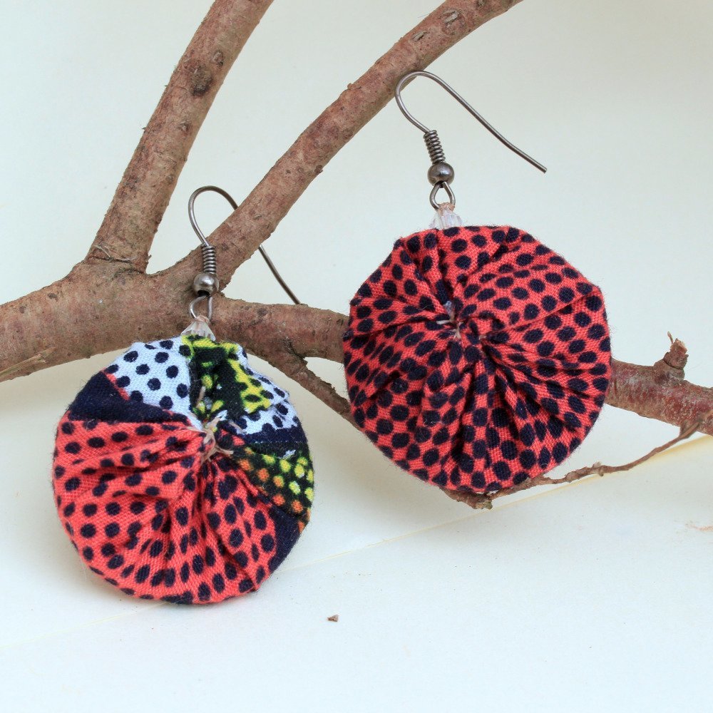Boucles d'oreilles en tissu wax rose à pois