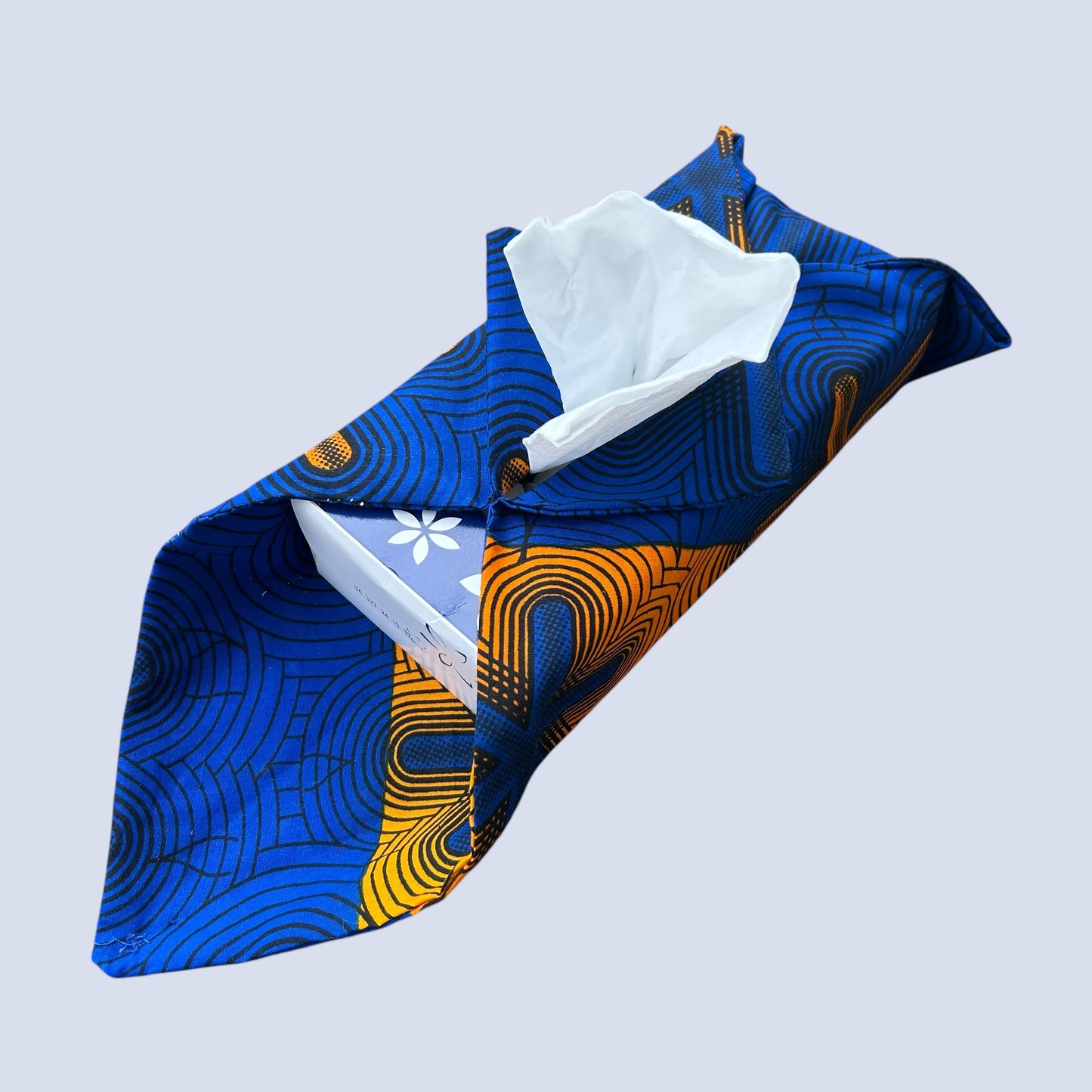 Housse pour boîte à mouchoirs "Electrique " en wax orange et bleu