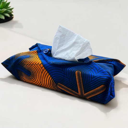 Housse pour boîte à mouchoirs "Electrique " en wax orange et bleu