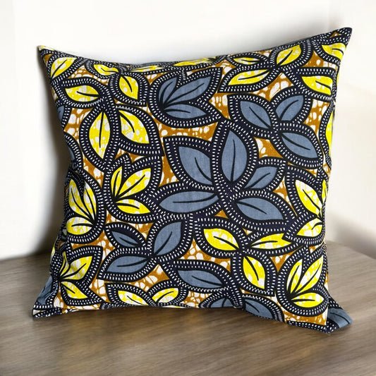 Housse de coussin portefeuille - wax "végétaux jaunes et bleus"